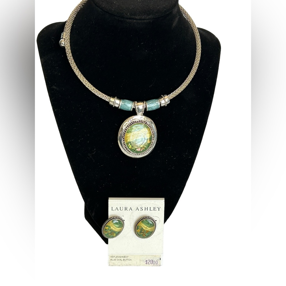 Laura Ashley Choker Necklace & Pierced Earring Set Turquoise & Silver Ocean Sky